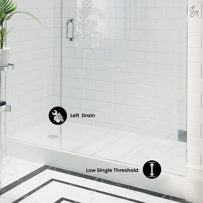 Voltaire 60" x 34" Acrylic White, Single-Threshold, Left Side Drain, Shower Base