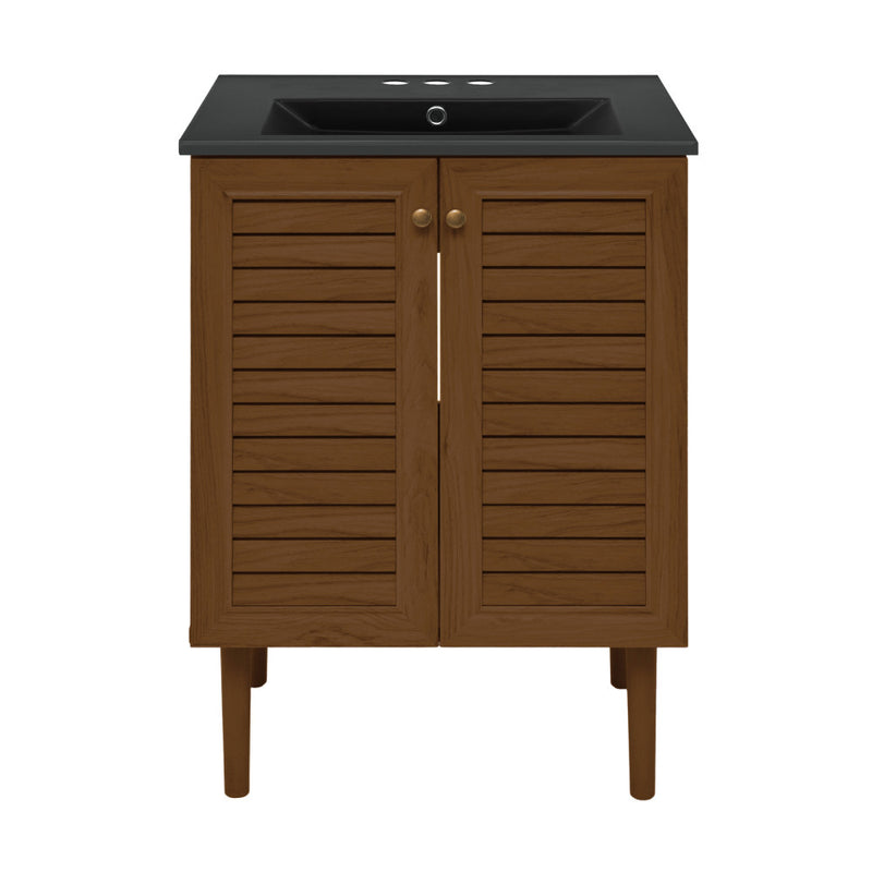 Bron 24" Freestanding Bathroom Vanity in Brown Oak with Black 3-Hole Centerset Sink Top