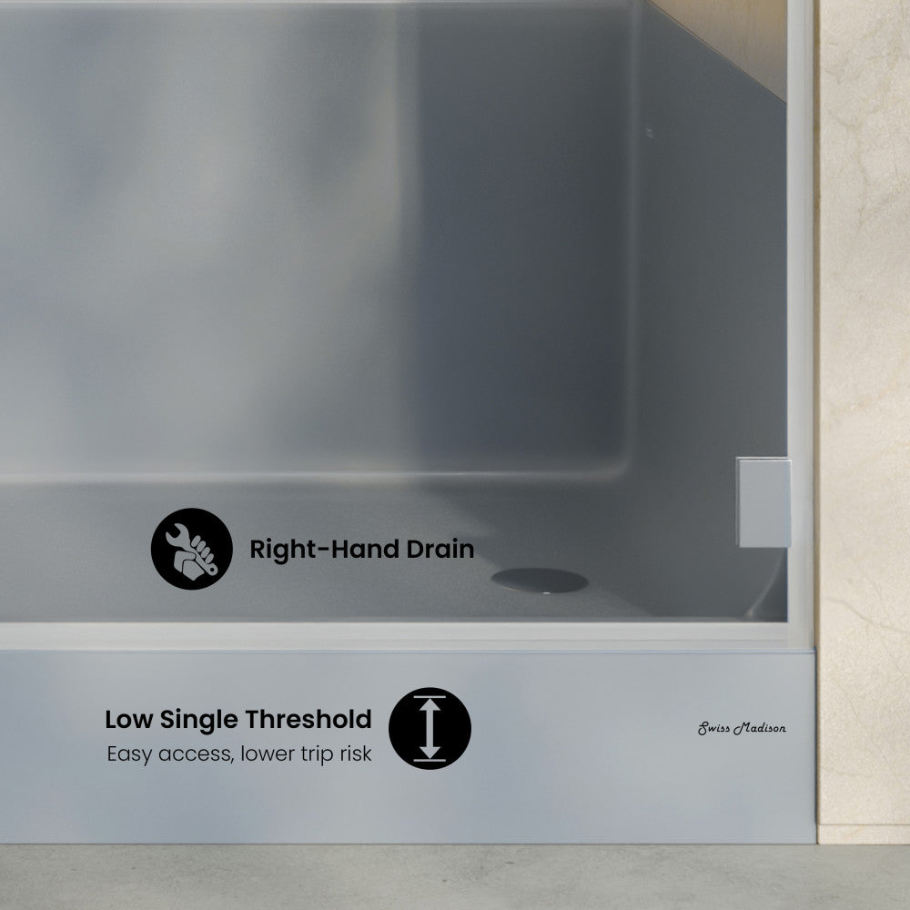 Aquatique 60" x 32" Single Threshold Shower Base With Right Hand Drain and Integral Left Hand Seat in Gray