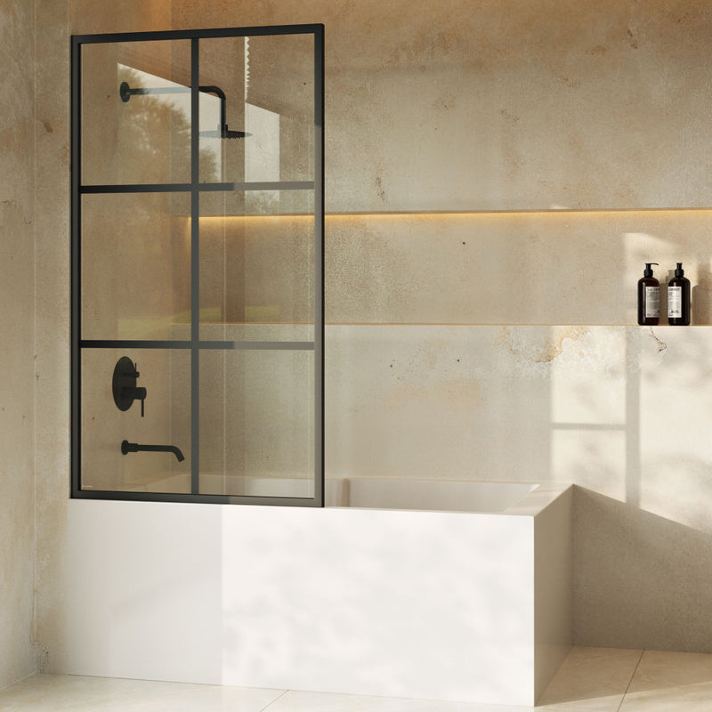 Virage 34 x 58 Framed Fixed 3/8 in. (10mm) Clear Tempered Glass Tub Door with Black Matte Frame