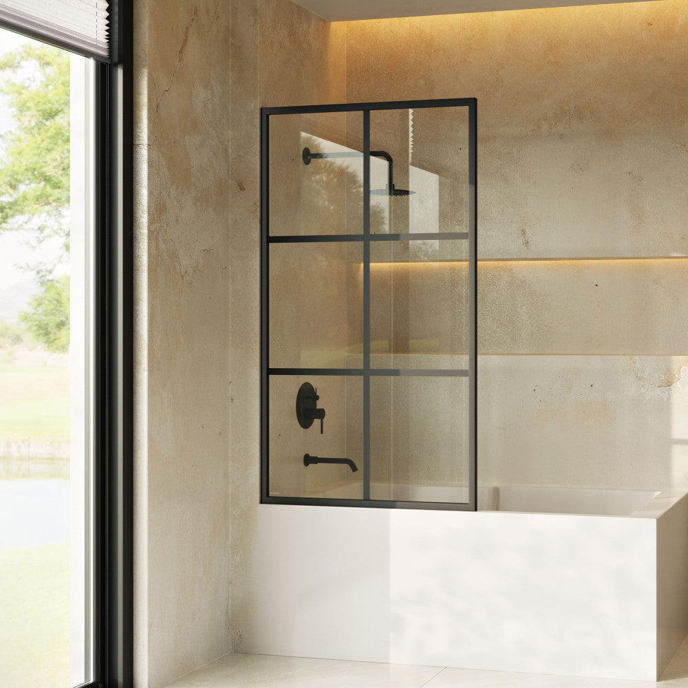 Virage 34 x 58 Framed Fixed 3/8 in. (10mm) Clear Tempered Glass Tub Door with Black Matte Frame