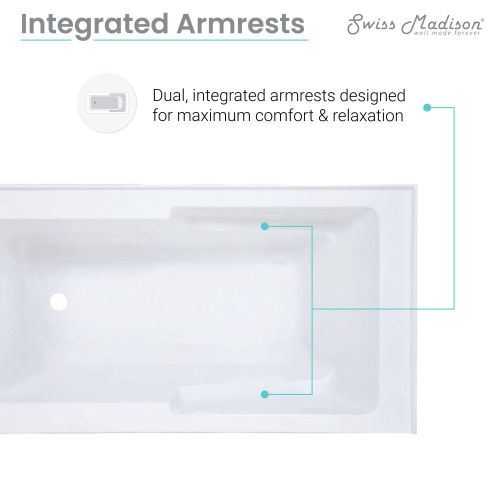Alcove skirted bathtub 60 inch with apron front and left-hand drain, integrated armrests.