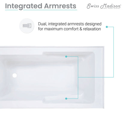 Alcove skirted bathtub 60 inch with apron front and left-hand drain, integrated armrests.