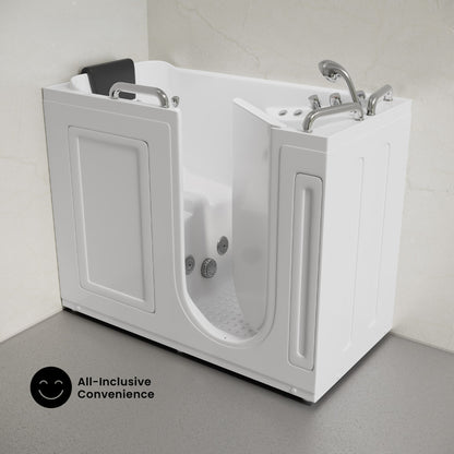 Auvergne 53" x 27" ADA Right Drain Walk-in Soaking Bathtub with Massage Jets in Glossy White, Faucet Set, Drain, Grab Bars, Pillow Included