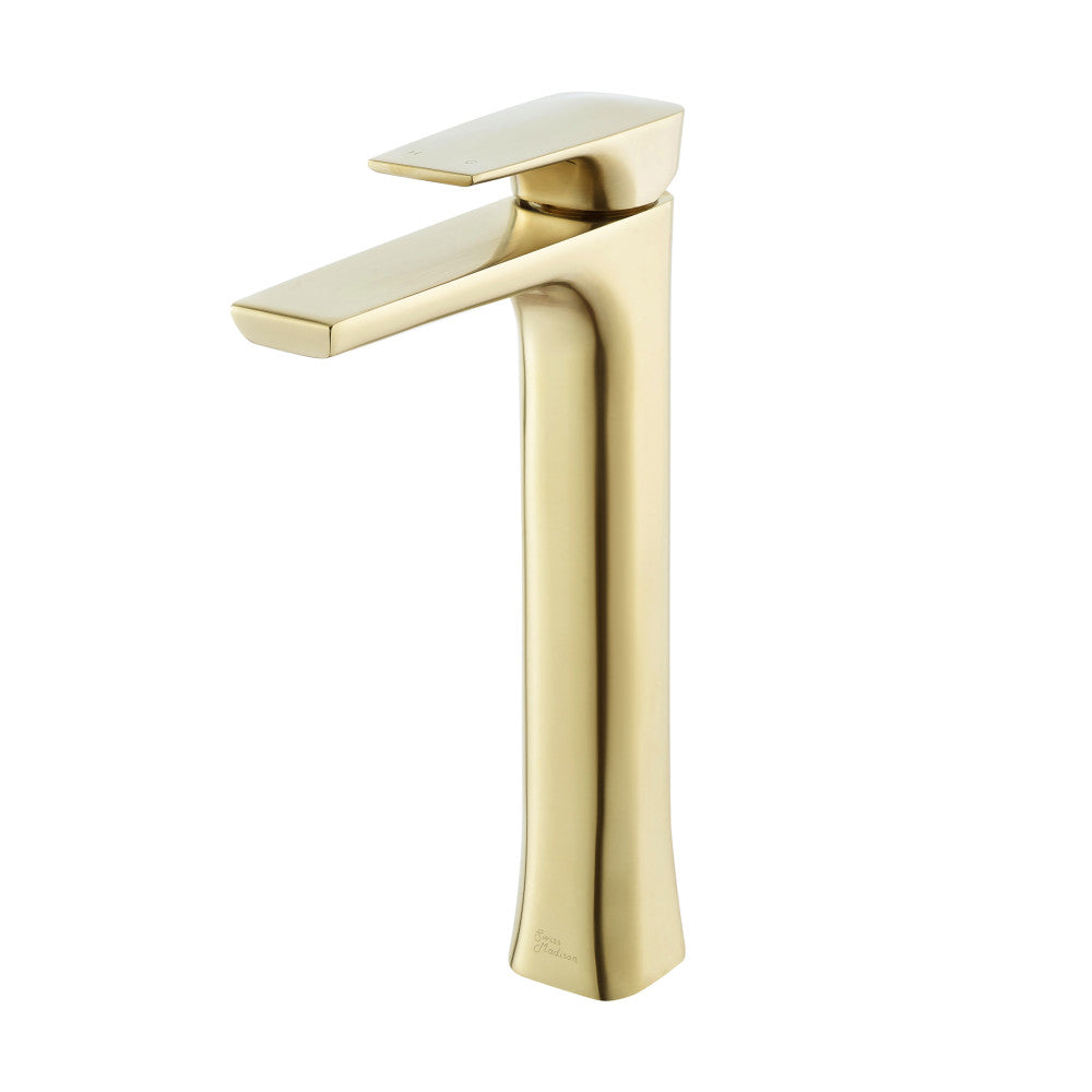 Single-handle high arc bathroom faucet in brushed gold, Monaco collection.