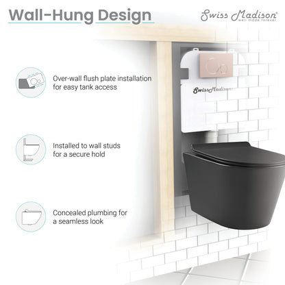 Round wall-hung toilet bowl in matte black with concealed plumbing and over-wall flush plate installation.