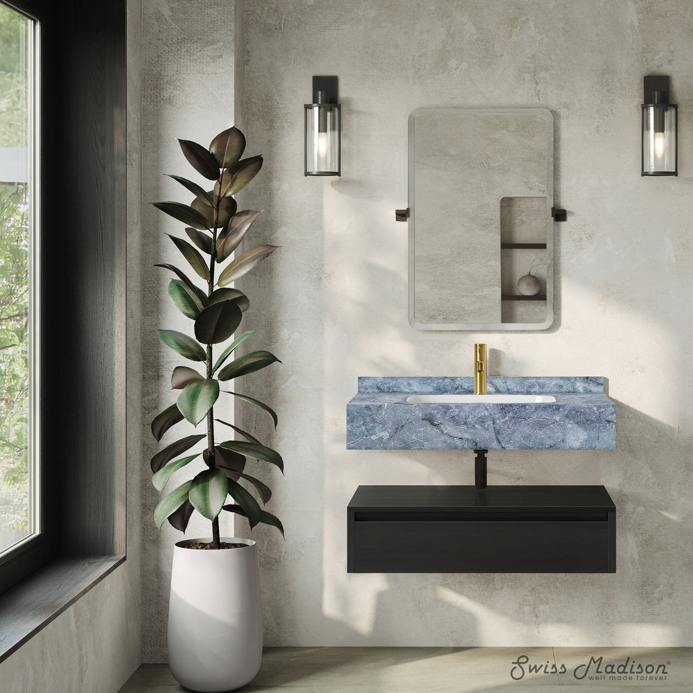Avancer 36" Wall-Mounted Bathroom Vanity in Black Oak with Blue Celeste Sink Top