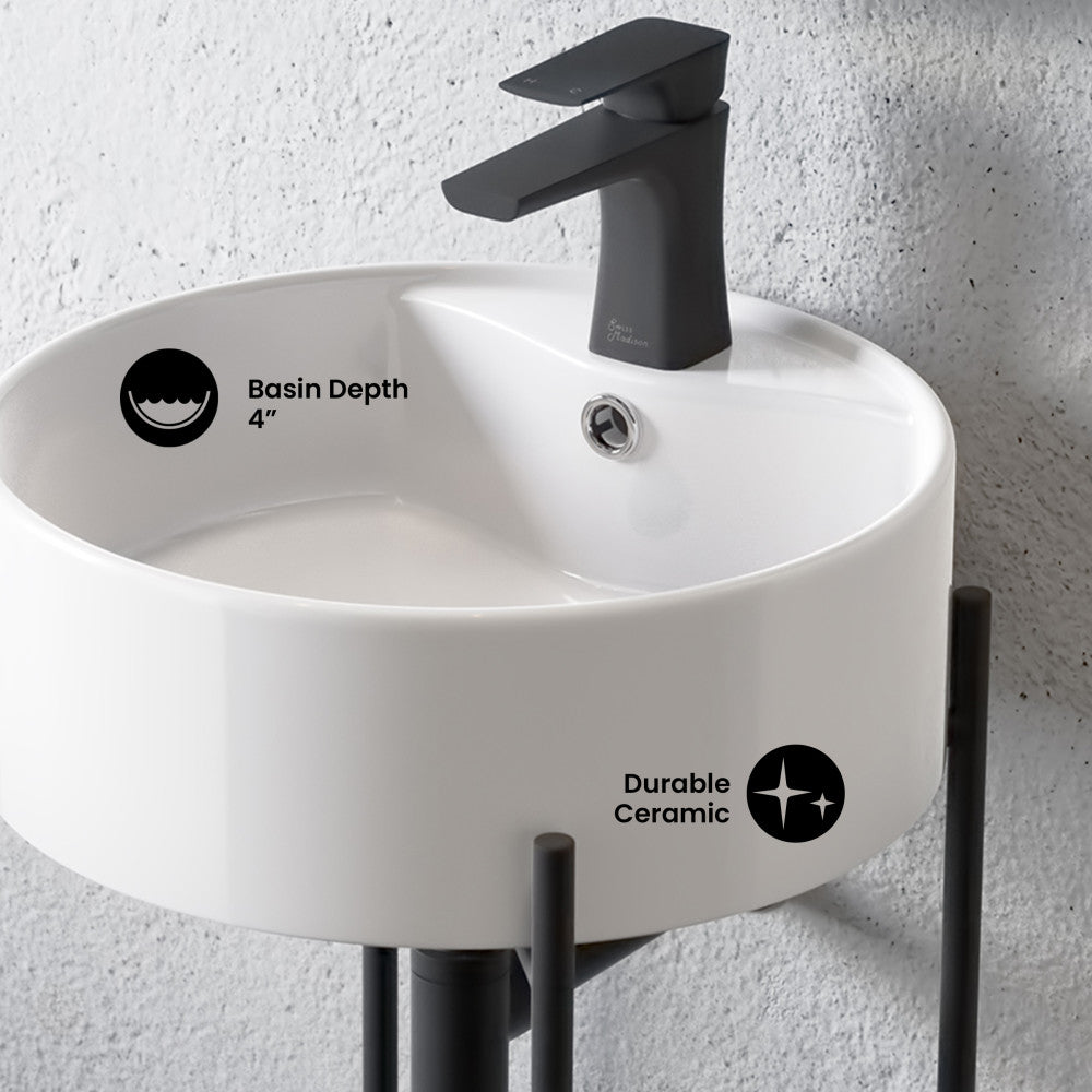 Monaco 16" Round Console Sink with Faucet Mount, White Basin Matte Black Legs
