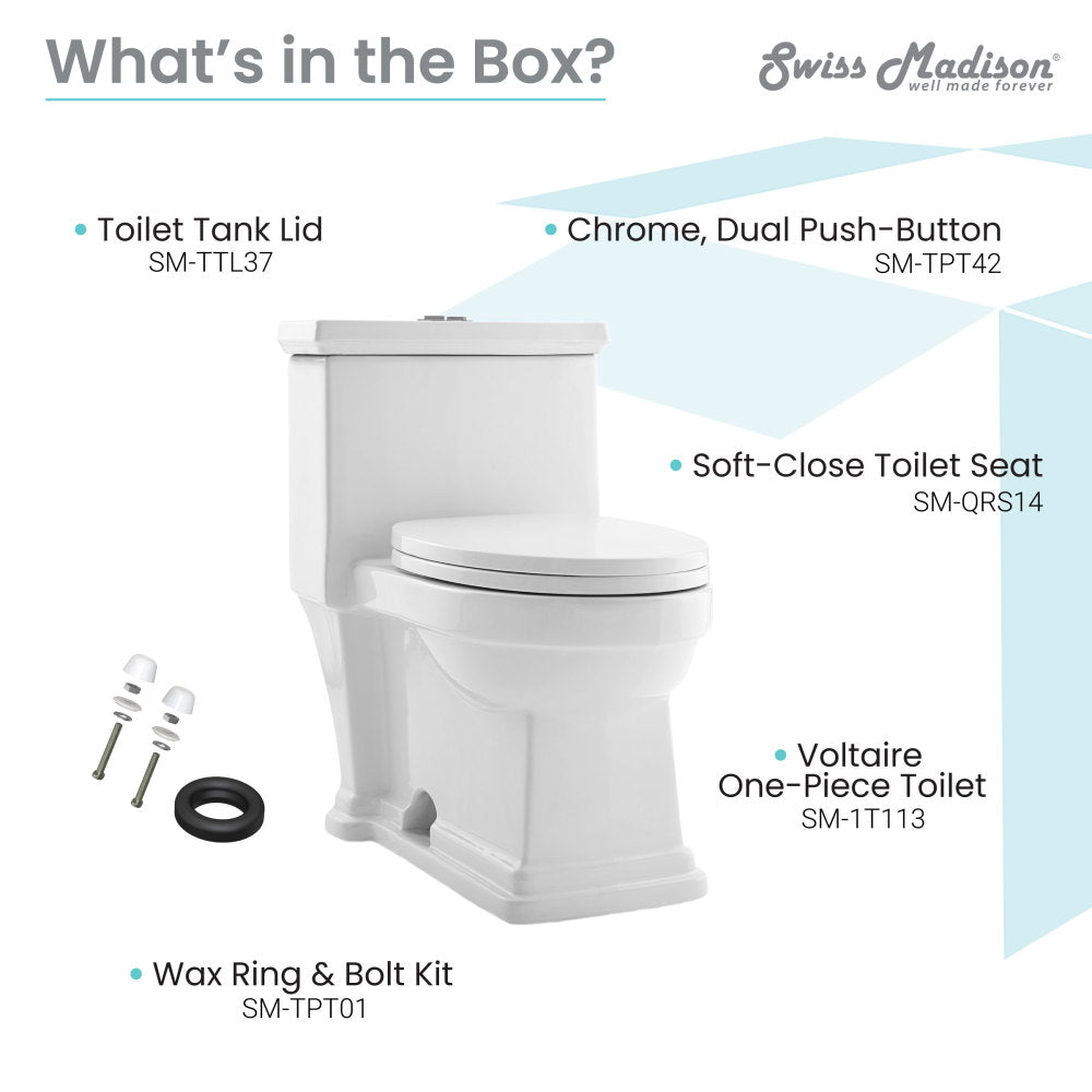 Elongated one-piece toilet with dual-flush chrome button and soft-close seat.