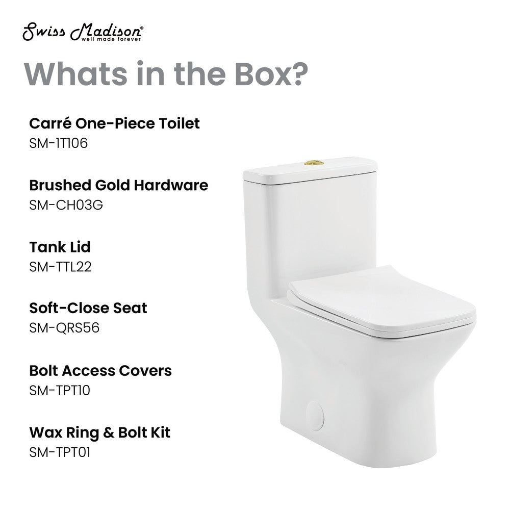 Elongated one-piece toilet with dual flush and brushed gold hardware.