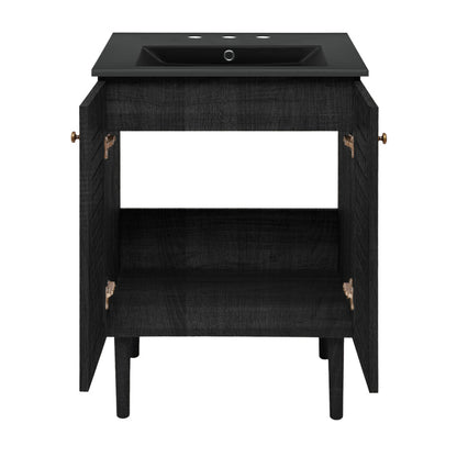 Bron 24" Freestanding Bathroom Vanity in Black Oak with Black 3-Hole Widespread Sink Top