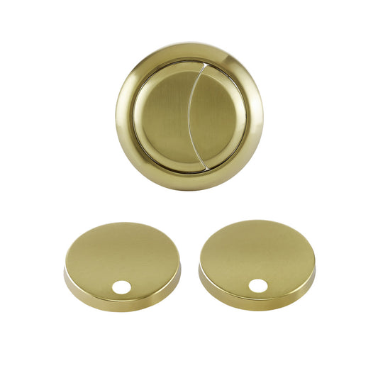 Toilet hardware in brushed gold, circular design, includes flush and cover buttons.