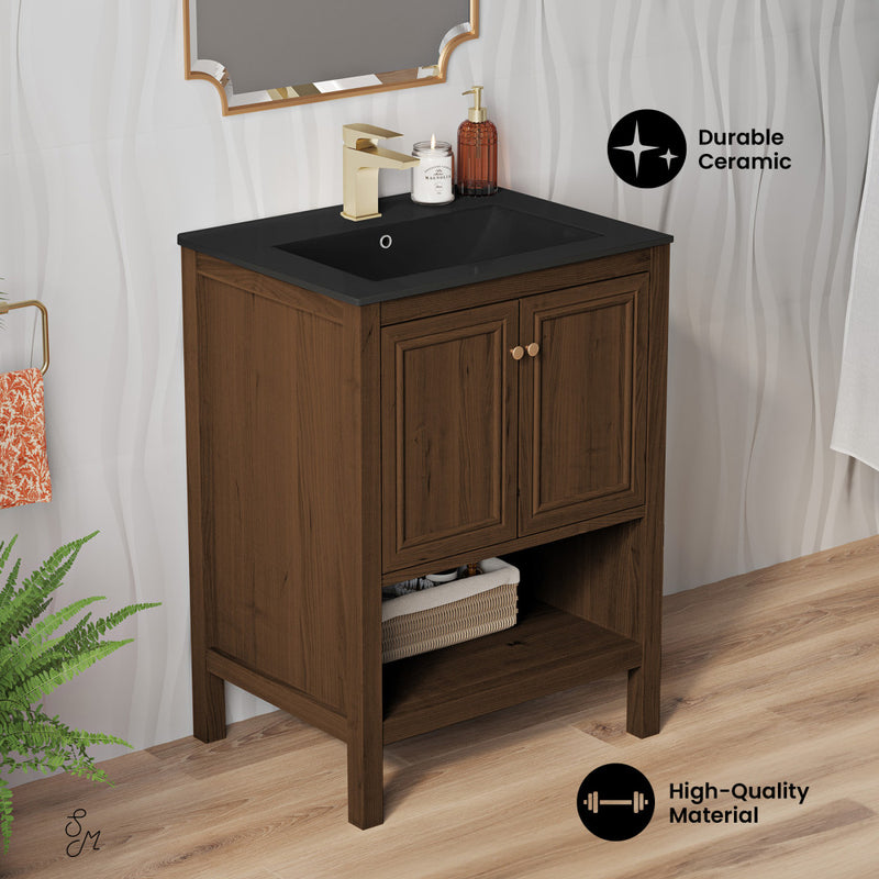 Château 24" Freestanding Bathroom Vanity in Brown Oak with Black Sink Top