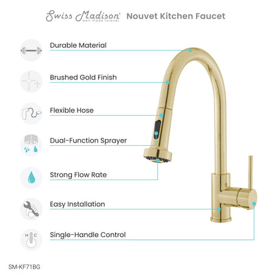 Nouvet Single Handle, Pull-Down Kitchen Faucet in Brushed Gold