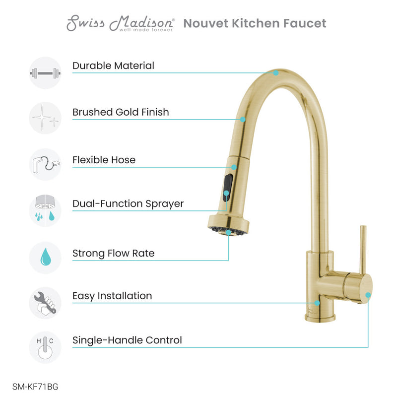 Nouvet Single Handle, Pull-Down Kitchen Faucet in Brushed Gold