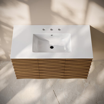 Cascade 36" Wall-Mounted Bathroom Vanity in Brown Oak with 3-Hole Widespread Sink Top