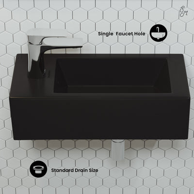 Voltaire 19.5 x 10 Rectangular Ceramic Wall Hung Sink with Left Side Faucet Mount, Matte Black