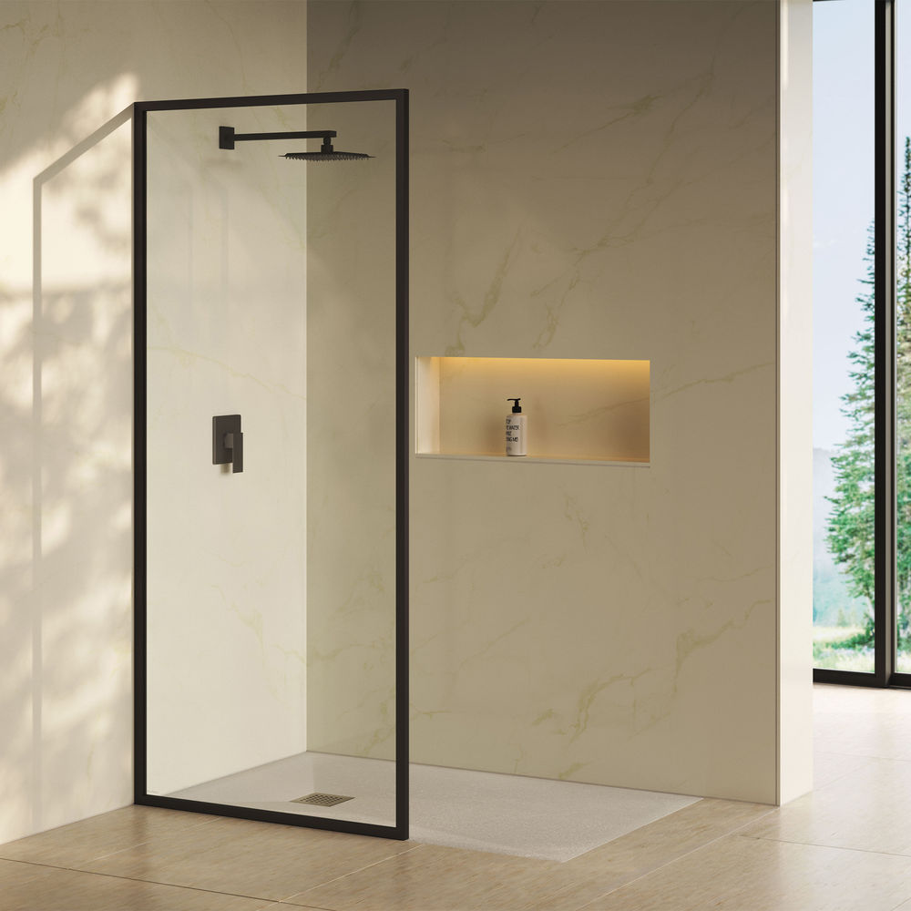 Pierre 34 x 76 Framed Fixed 3/8 in. (10mm) Clear Tempered Glass Shower Door with Matte Black Frame