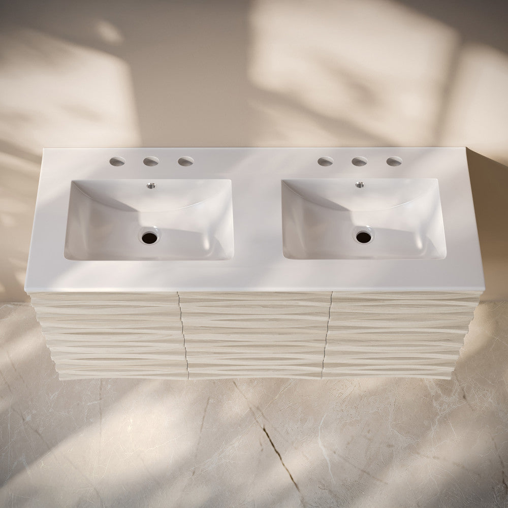 Cascade 48" Wall-Mounted Bathroom Vanity in White Oak with 3-Hole Widespread Double Basin Sink Top