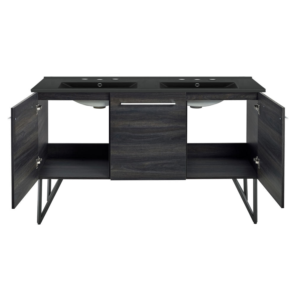 Annecy 60 in. Black Walnut, Double Basin Bathroom Vanity With Black, 3-Hole Artificial Stone Sink Top