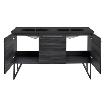 Annecy 60 in. Black Walnut, Double Basin Bathroom Vanity With Black, 3-Hole Artificial Stone Sink Top