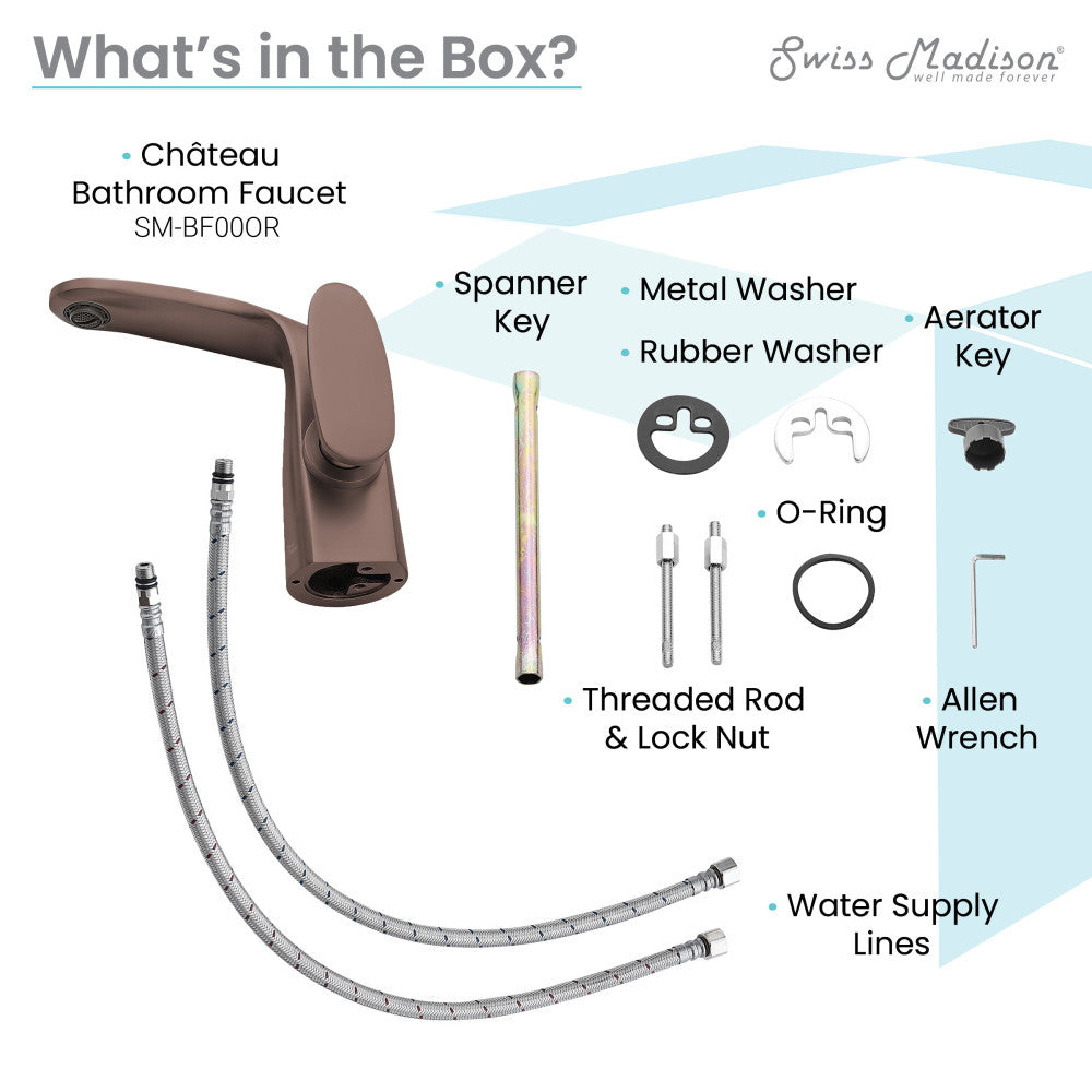 Single-handle bathroom faucet in oil-rubbed bronze with metal and rubber washers, aerator, and water supply lines.