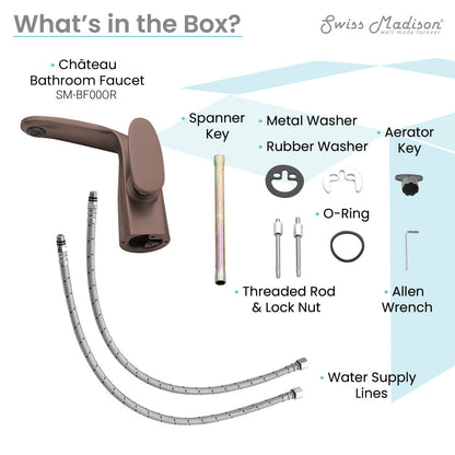 Single-handle bathroom faucet in oil-rubbed bronze with metal and rubber washers, aerator, and water supply lines.