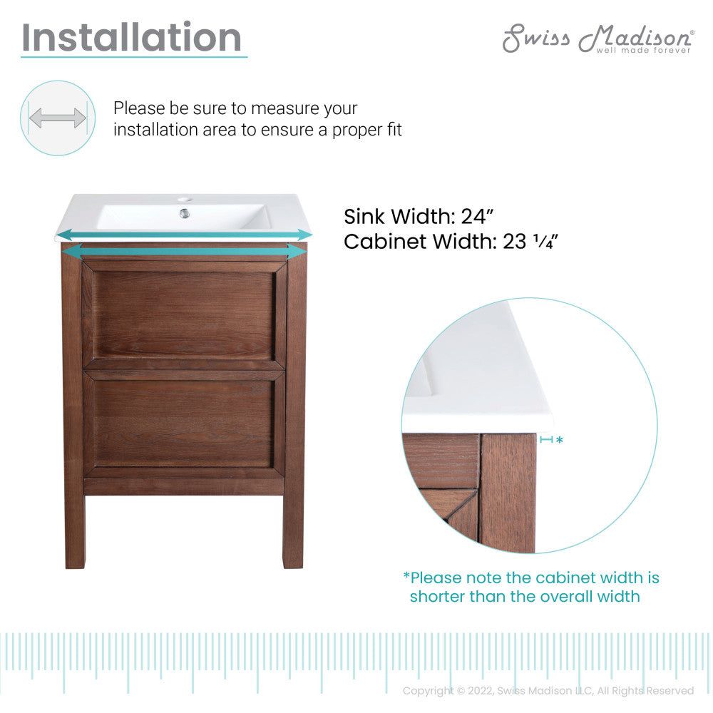 24-inch freestanding bathroom vanity in brown oak with single sink and drawer storage.
