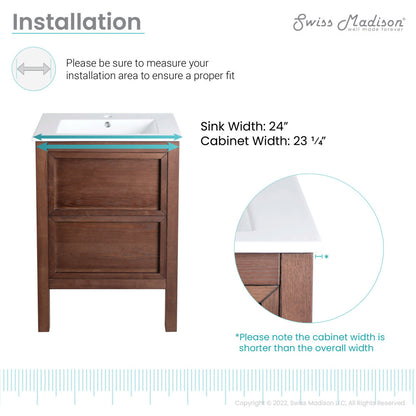 24-inch freestanding bathroom vanity in brown oak with single sink and drawer storage.