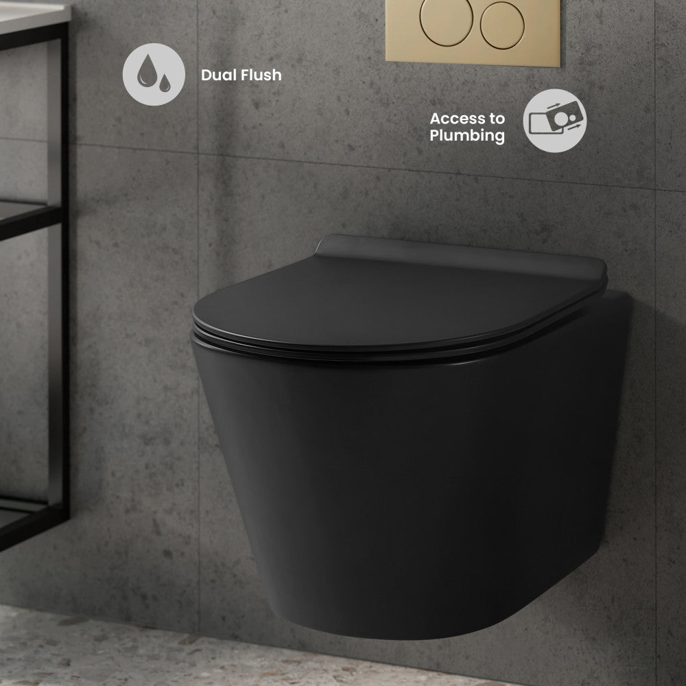 Calice Wall-Hung Toilet Bundle 0.8/1.6 GPF Dual Flush in Matte Black with Brass Flush Plate