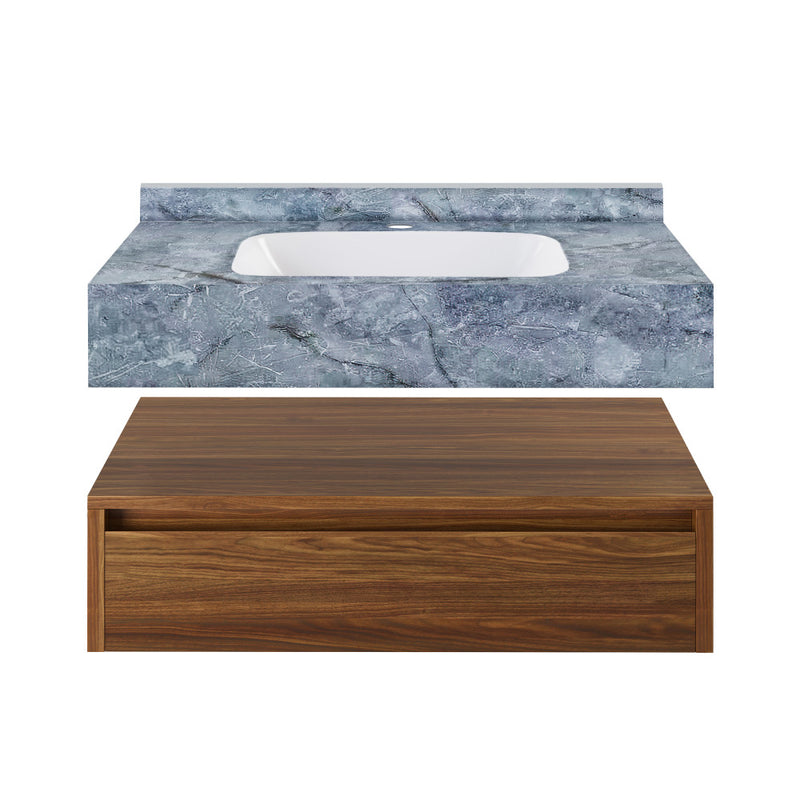 Avancer 36" Wall-Mounted Bathroom Vanity in Brown Oak with Blue Celeste Sink Top