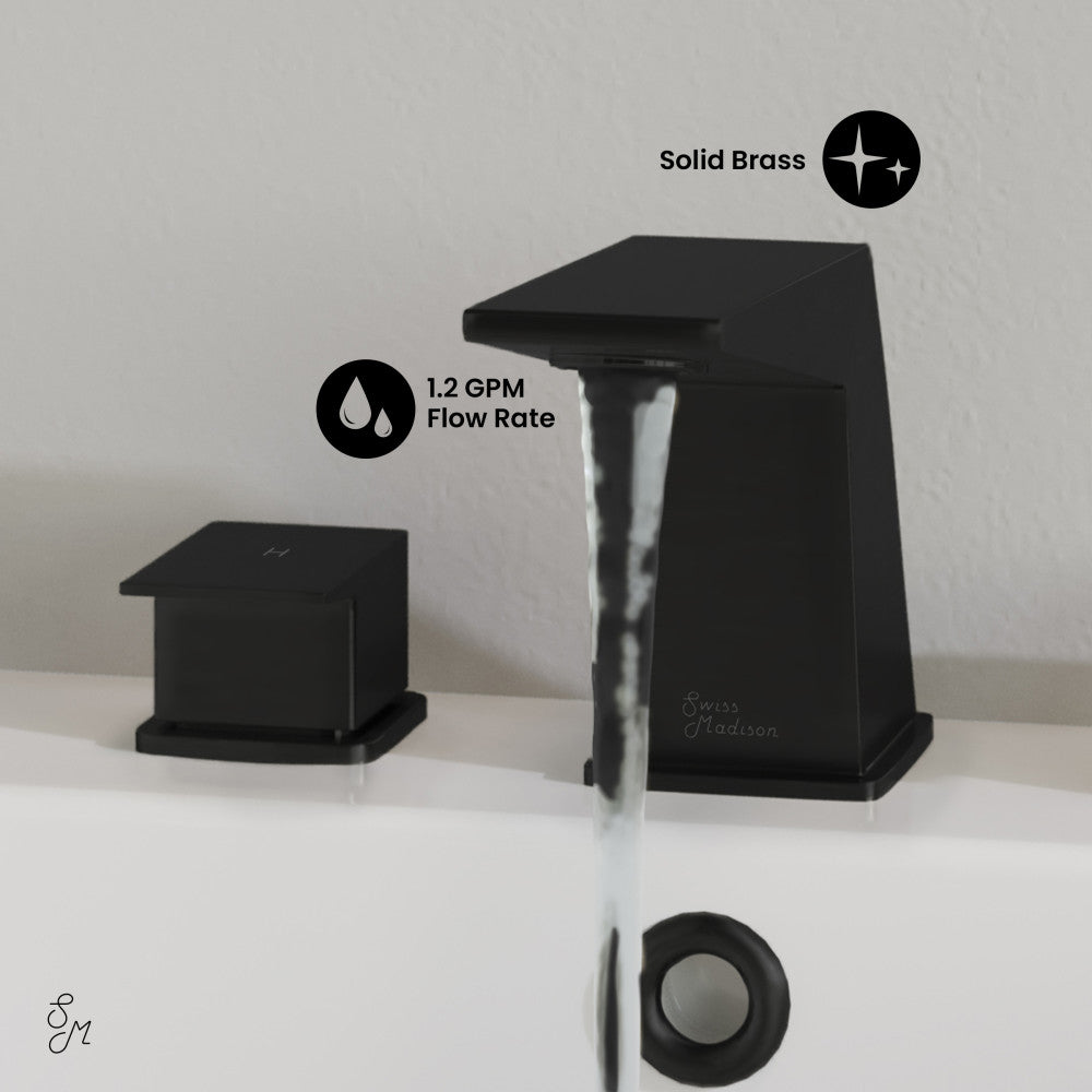 Widespread bathroom faucet in matte black with two handles and a square modern design.