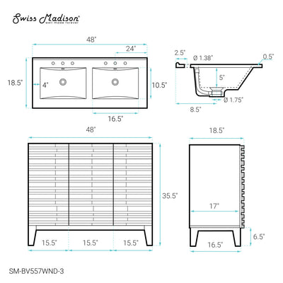 Cascade 48 in. Brown Oak, Double Basin Bathroom Vanity With White, 3-Hole Ceramic Sink Top