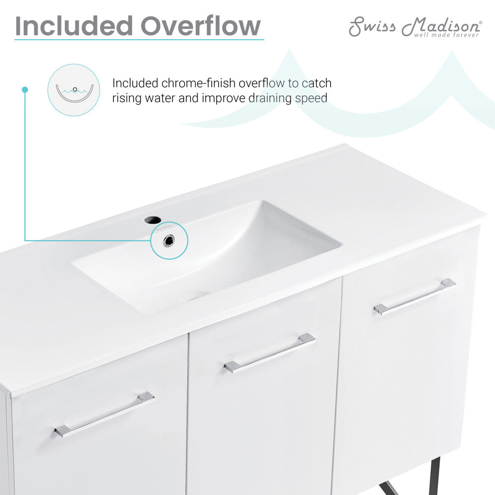 48-inch freestanding white bathroom vanity with single sink, chrome handles, and integrated sink top.