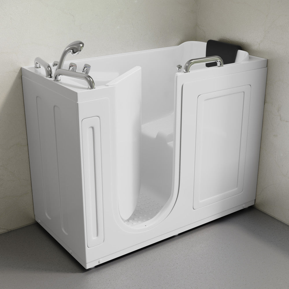 Auvergne 53" x 27" ADA Left Drain Walk-in Soaking Bathtub in Glossy White, Faucet Set, Drain, Grab Bars, Pillow Included
