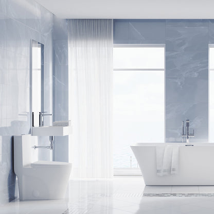 Elongated one-piece toilet in matte white, dual-flush, with sleek modern design and compact skirted trapway.