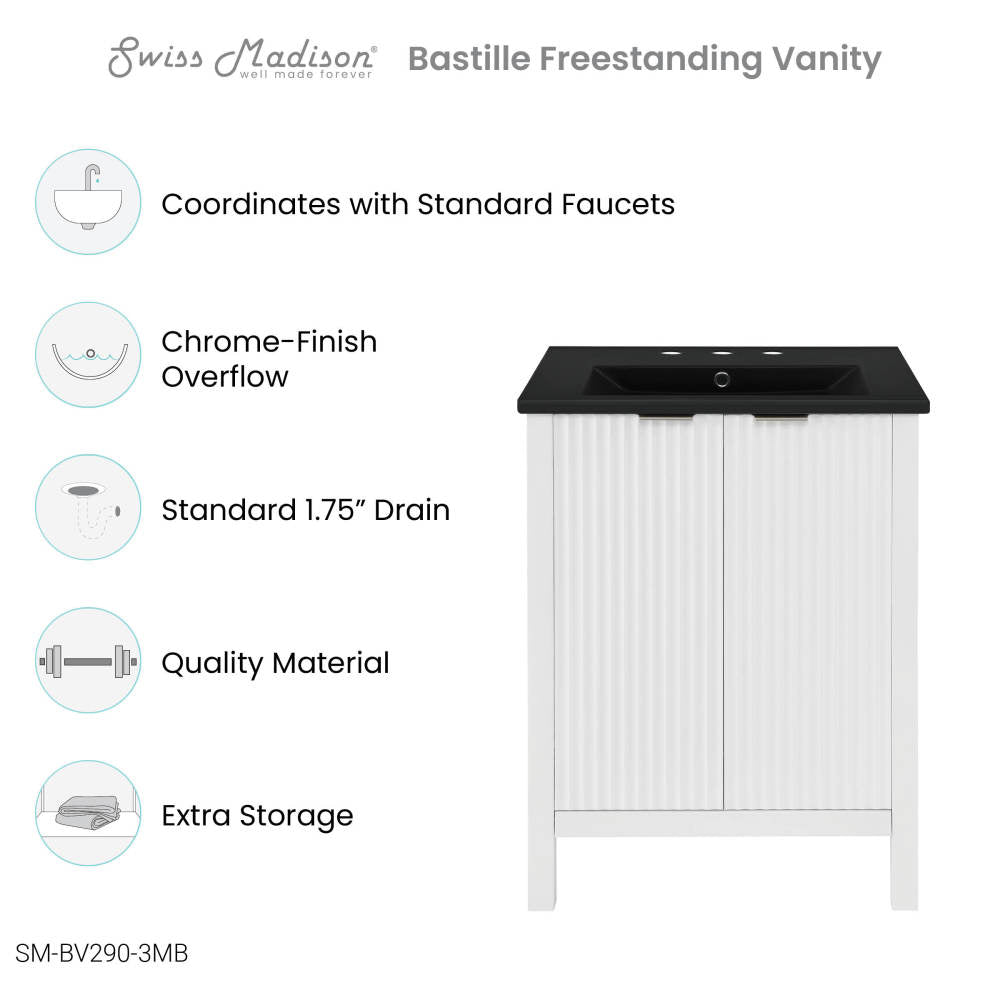 Bastille 24 in. White Bathroom Vanity With Black, 3-Hole Ceramic Sink Top