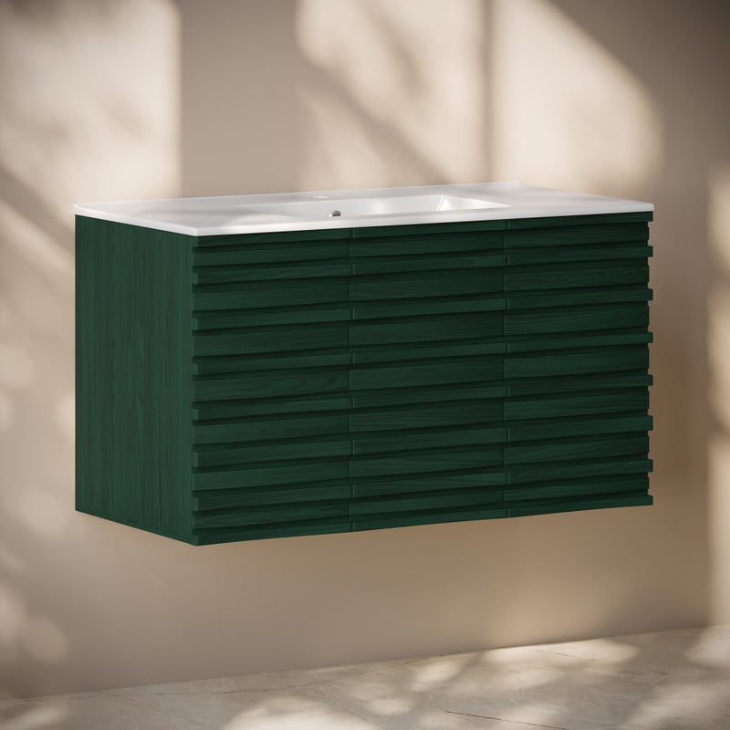 Cascade 36" Wall-Mounted Bathroom Vanity in Green Oak with Sink Top