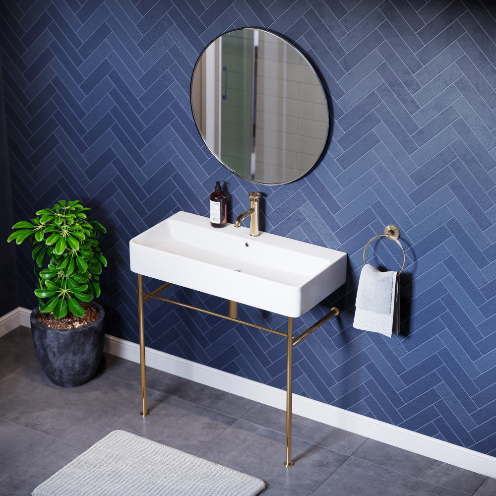 36-inch rectangular ceramic console sink in white with gold metal legs and single faucet hole.