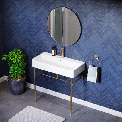 36-inch rectangular ceramic console sink in white with gold metal legs and single faucet hole.