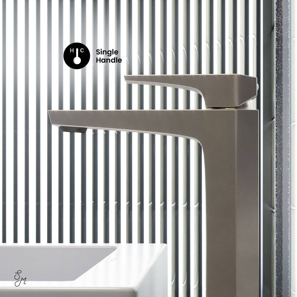 Single-handle high arc bathroom faucet in brushed nickel with sleek modern design.
