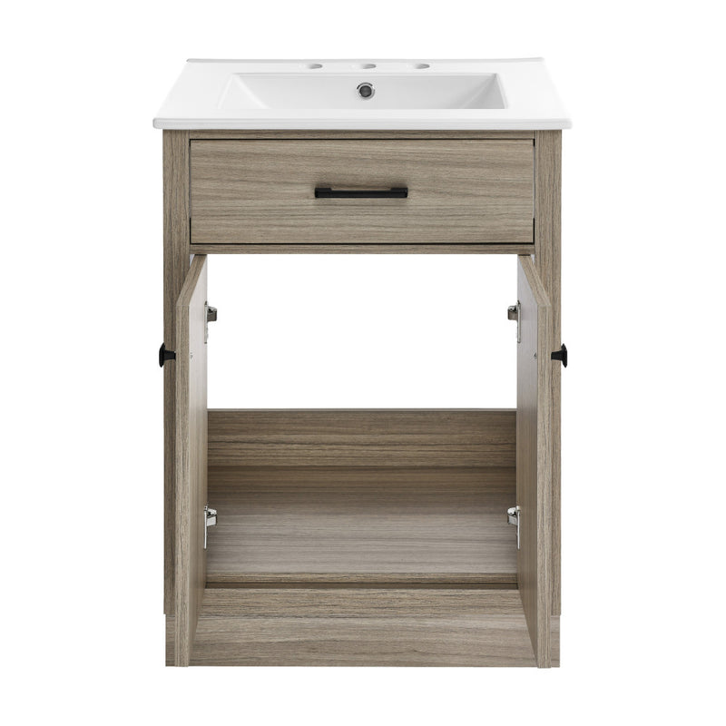 Burdon 24 in. Brown Oak Bathroom Vanity With White, 3-Hole Ceramic Sink Top