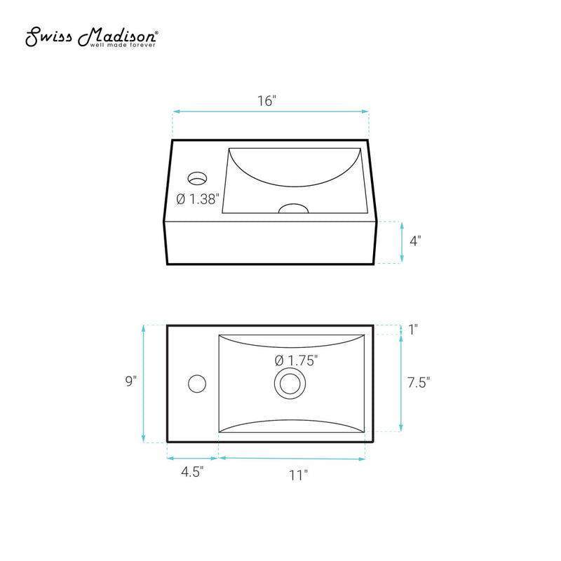 Lisse 16" Concrete Rectangle Wall-Mounted Sink with Left Side Faucet Mount in Matte Taupe