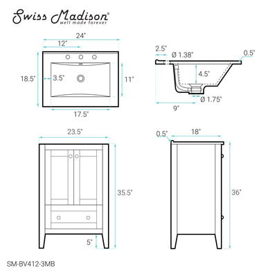 Cannes 24 in. White Bathroom Vanity With Black, 3-Hole Ceramic Sink Top