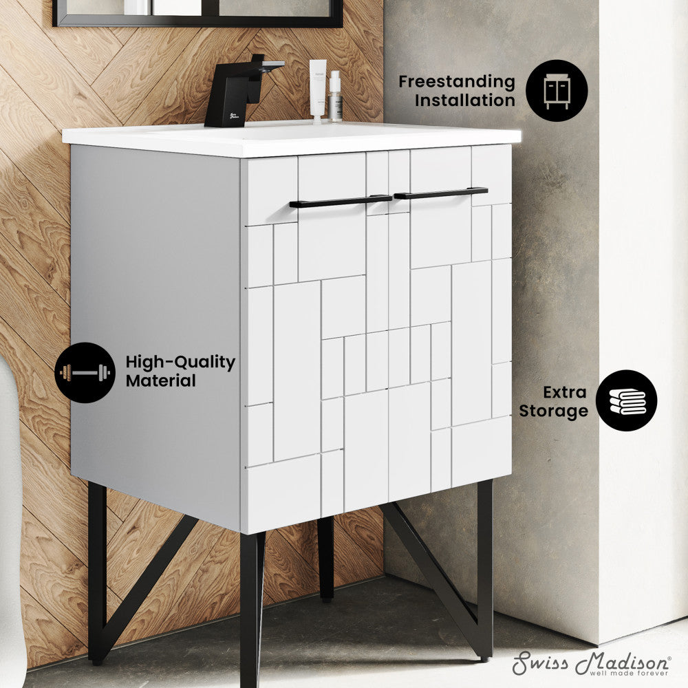 24-inch freestanding bathroom vanity in Mondrian white with single sink and black metal legs.
