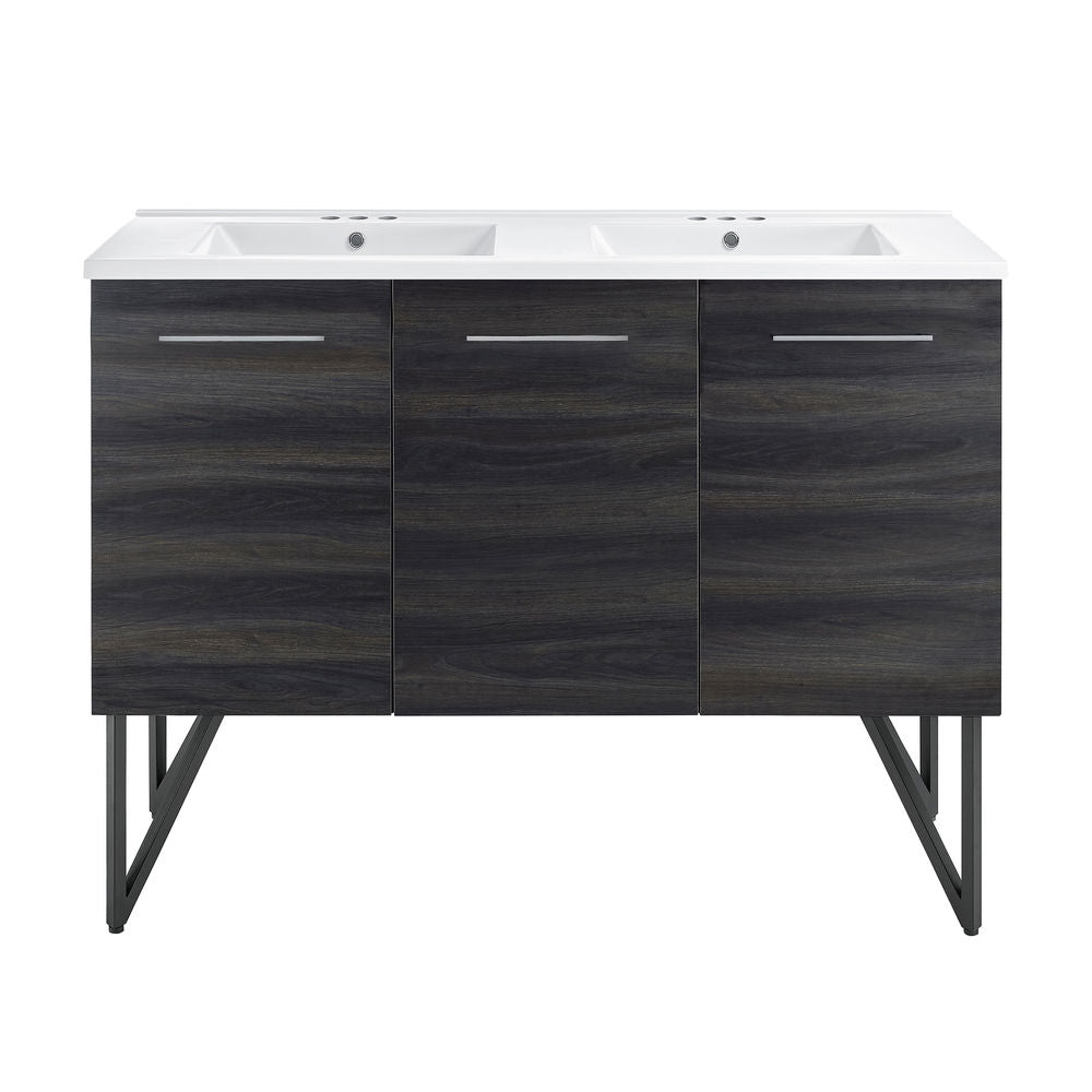 Annecy 48 in. Black Walnut, Double Basin Bathroom Vanity With White, 3-Hole Centerset Ceramic Sink Top