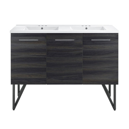 Annecy 48 in. Black Walnut, Double Basin Bathroom Vanity With White, 3-Hole Centerset Ceramic Sink Top