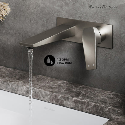 Single-handle wall-mount bathroom faucet in brushed nickel with rectangular spout and lever handle.