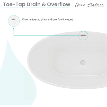 Freestanding soaking bathtub 60 inch, center drain, smooth white acrylic finish.
