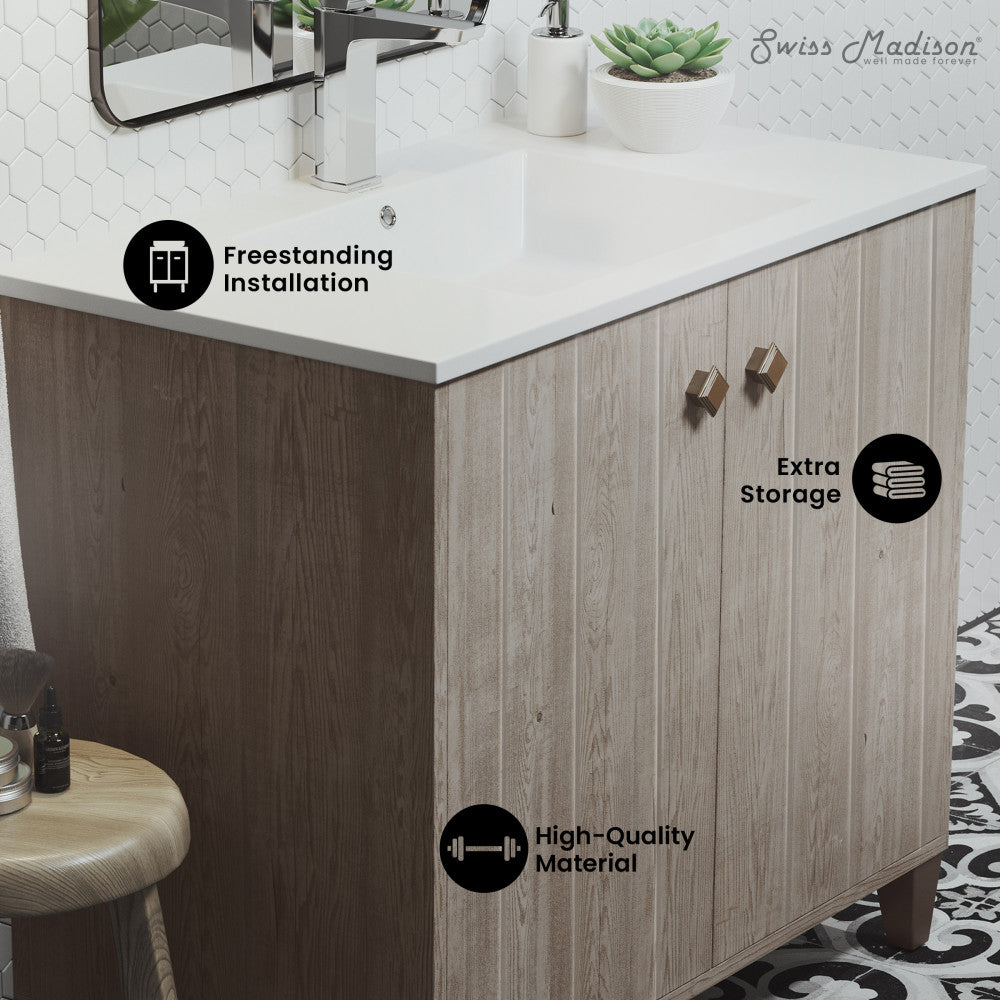 36-inch freestanding bathroom vanity in gray oak with single sink and soft-close doors.